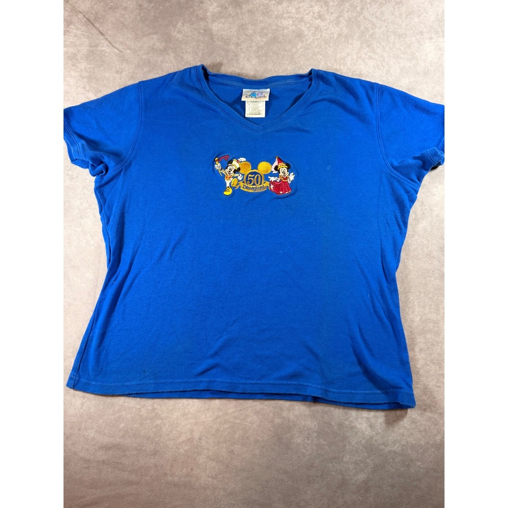 Disneyland Resort 50th Anniversary Mickey Minnie Blue V-Neck T-Shirt Large